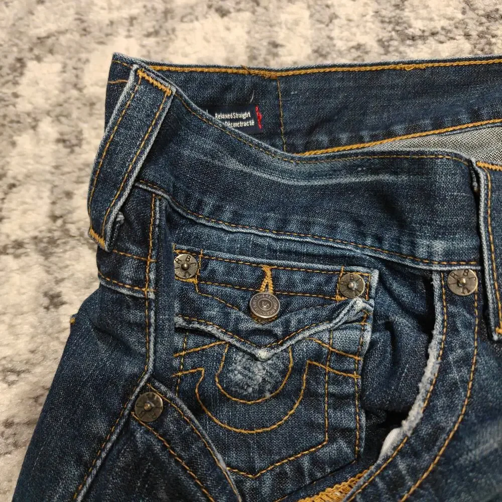 True Religion Ricky Relaxed Straight Jeans Men's 38 Flap Pocket Distressed Blue